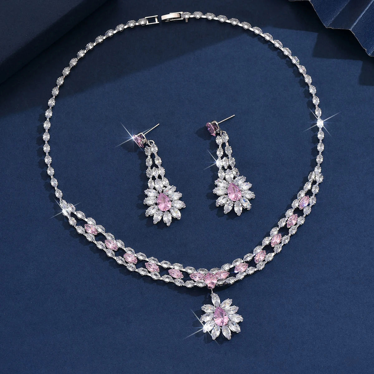 3PC Women's Fashion Zircon Flower Fresh Necklace Earrings Jewelry Set Design Sense Wedding Party Festival Gift-8556
