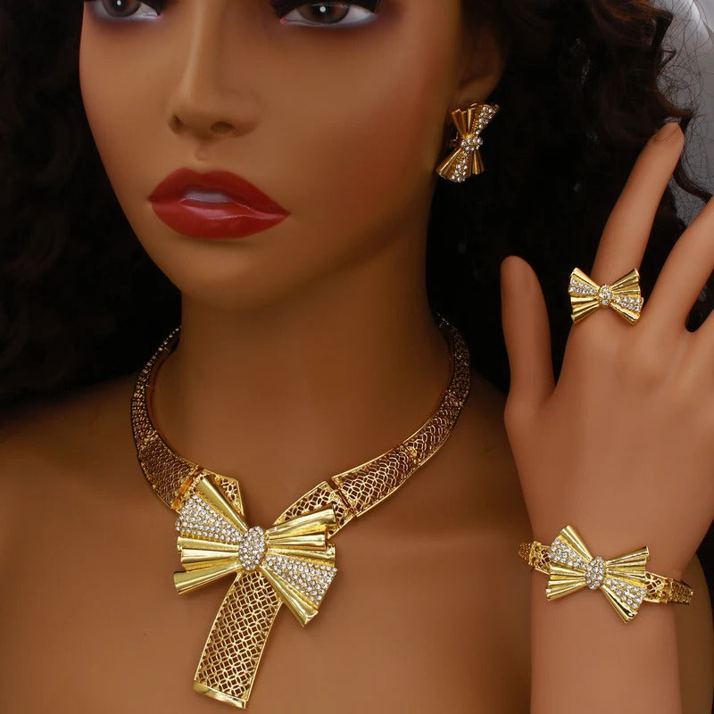 Italy 18k Gold Plated Women Jewelry Set Classic Design Bowknot Necklace Earring Bracelet And Ring 4PCS Set Jewelry Wedding Party