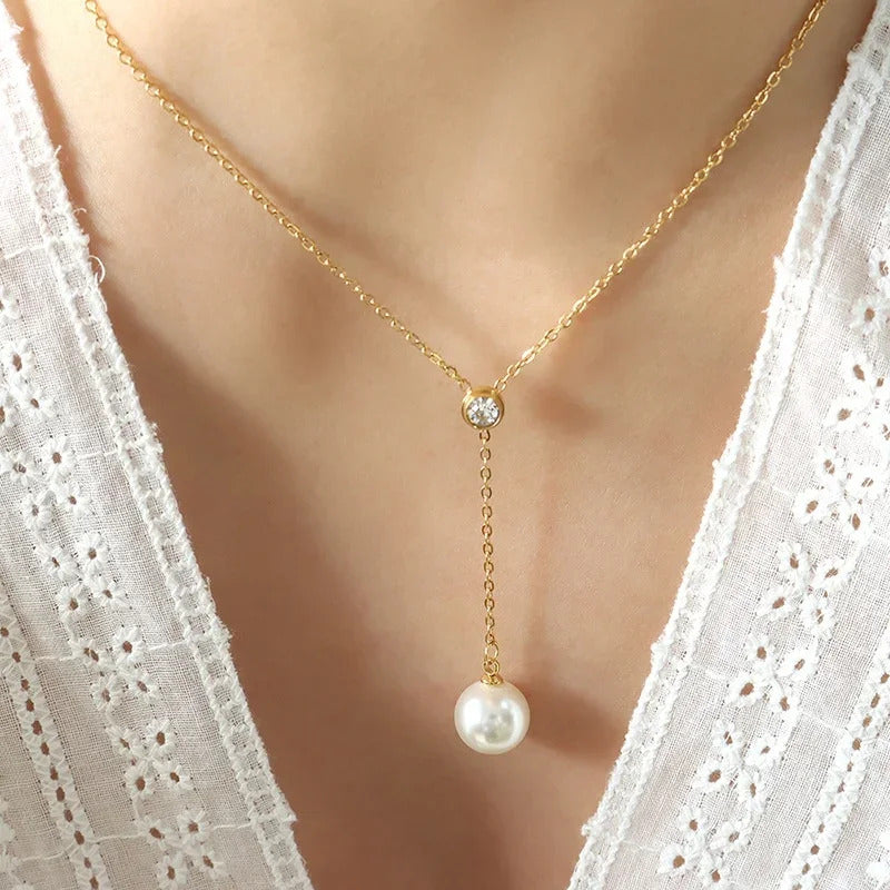 Women's Korean Style Stainless Steel Necklace Pearl Tassel Pendant Chain Zircon Minimally Designed