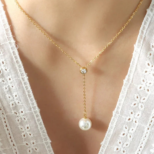 Women's Korean Style Stainless Steel Necklace Pearl Tassel Pendant Chain Zircon Minimally Designed