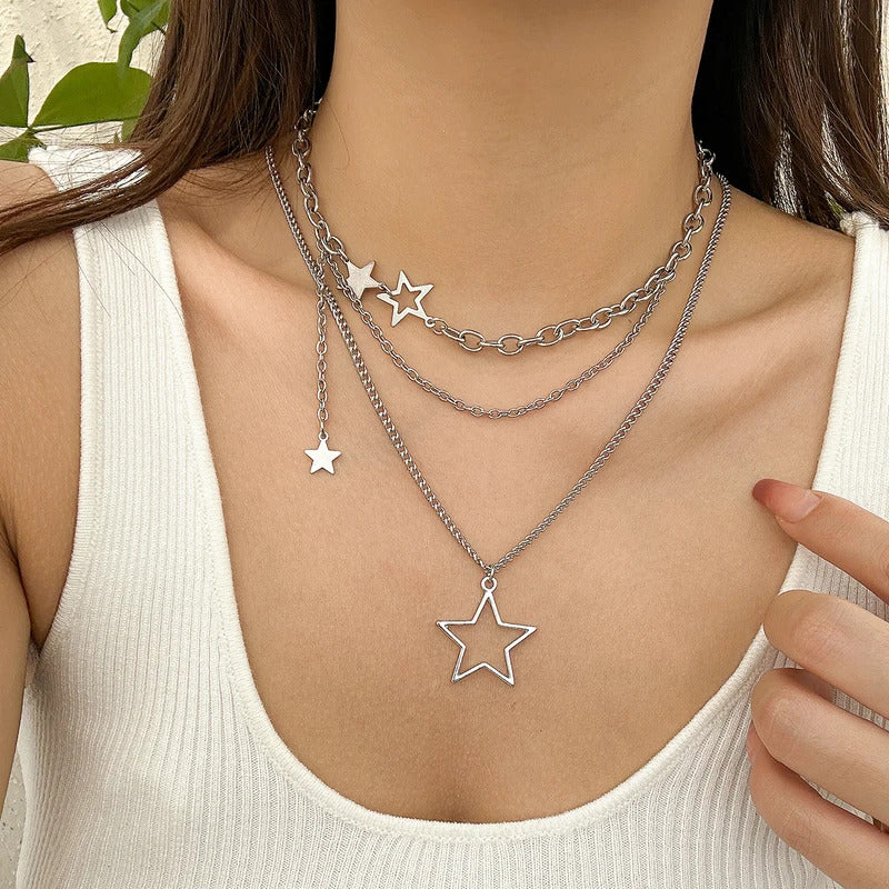 Salircon Trendy Y2K Star Pendant Necklace Simple Multi layered Metal Chain Necklace Women's Charm Statement Jewelry Gifts