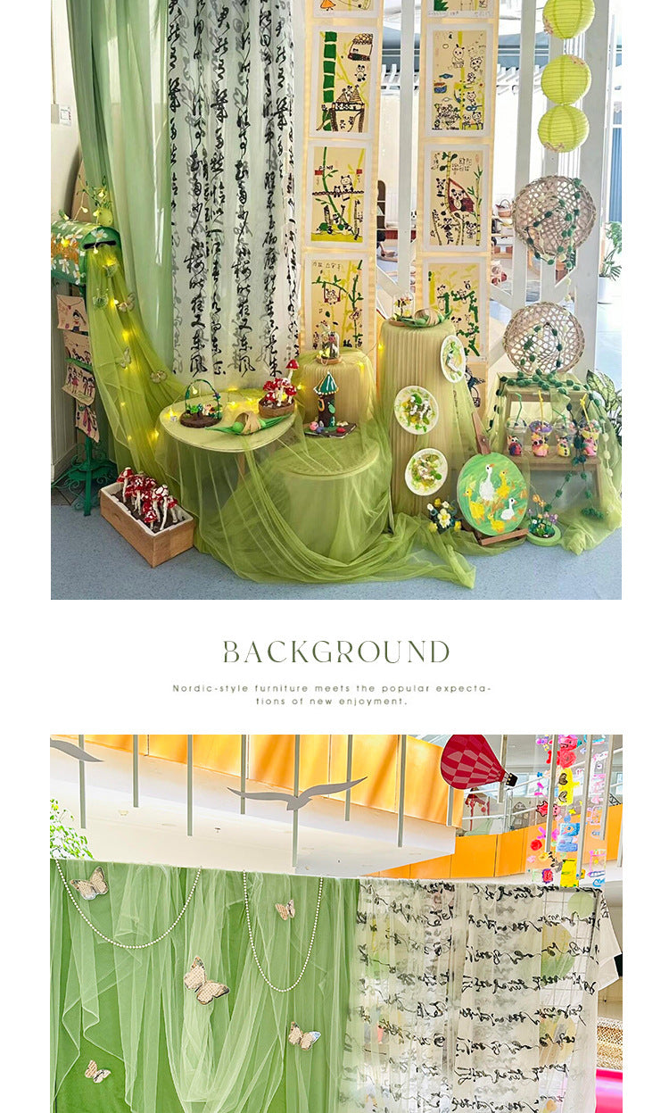 New Chinese Style Green Voile Kindergarten Environment Creation Ink Painting Ancient Style Classroom Ancient Style Scene Layout Background Wall Decoration