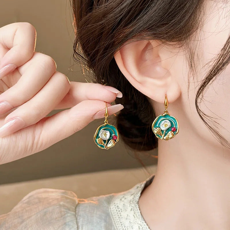 Vintage Oil Painting Style Flower Earrings Fashion Imitates Pearl Geometric Drop Earrings High-End Wedding Jewelry Accessories