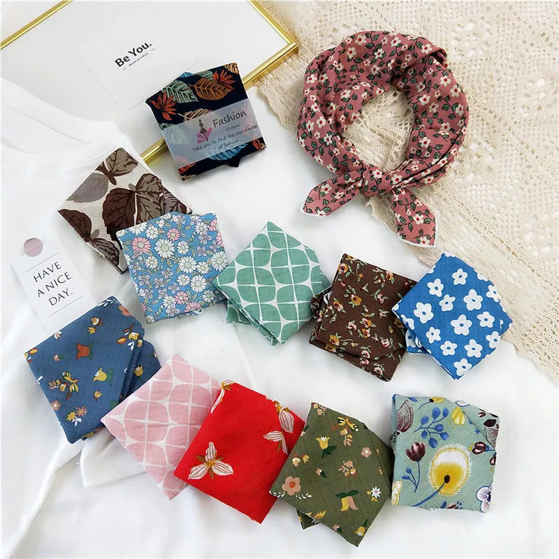 Cotton Linen 55cm Square Scarf Women Kerchief Flower Print Geometric Neckerchief Scarves  Headwrap Bandanas Hairband Headbands