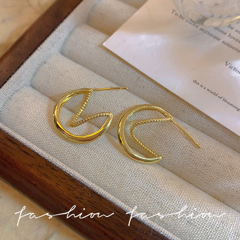 925 Silver Needle Hong Kong Style Retro Metal Earrings Women's High-Grade Geometric Simple Bracelet Ear Clip All-Match Exaggerated Commuter Earrings