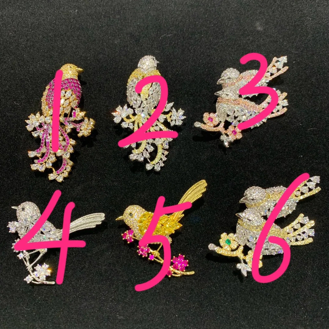 copper with cubic zircon birds brooch pin pink yellow multi color single double birds fashion women & men jewelry free shipping