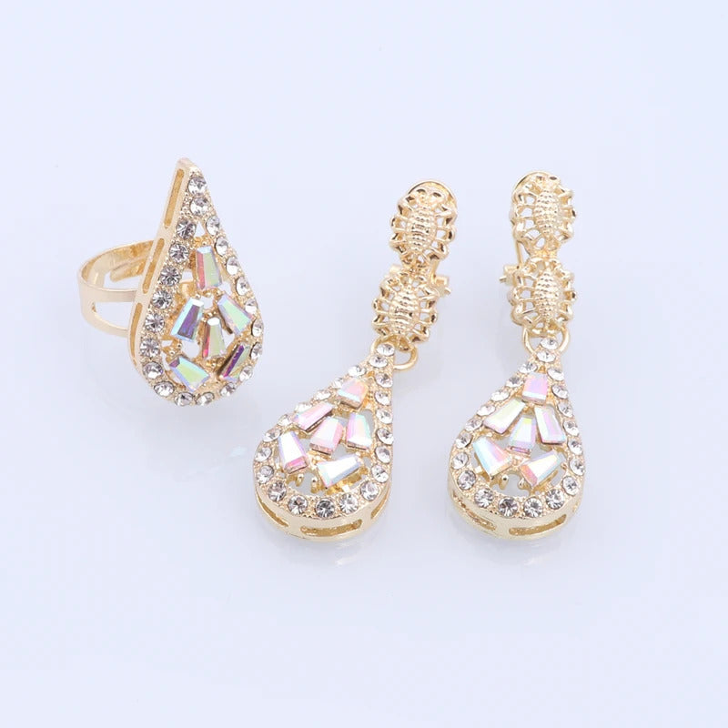 Dubai Gold Color Jewelry Sets Water Drop Pendant Necklace Earrings Ring Bracelet Classic Design 4Pcs Set Party Jewelry
