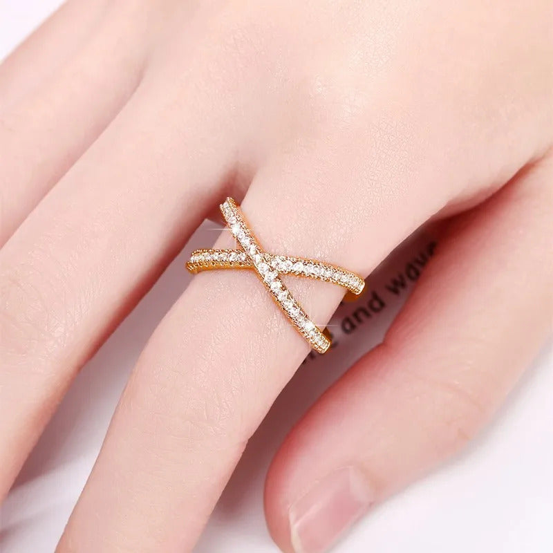 Huitan Fashion Cross Finger Rings for Women 3 Metal Colors Paved Dazzling Cubic Zirconia Simple Stylish Female Rings Hot Jewelry