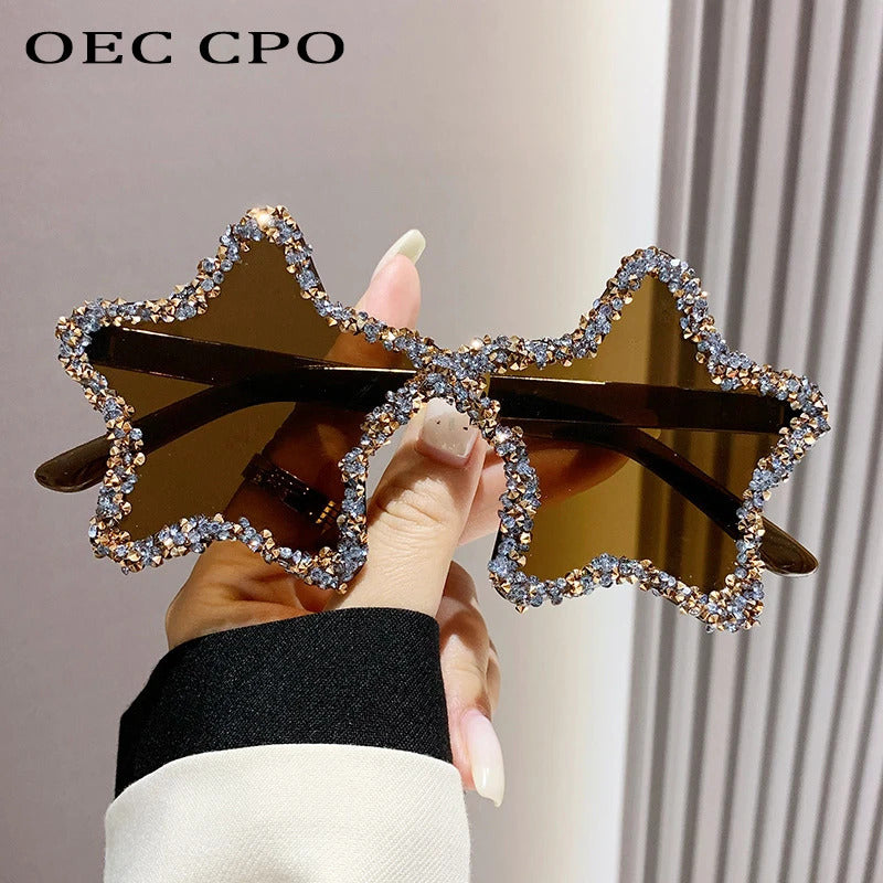 Luxury Diamond Star Shape Sunglasses Women Trends Rhinestone Shiny Sun Glasses Ladies Punk Rimless Style Eyewear gafas de sol