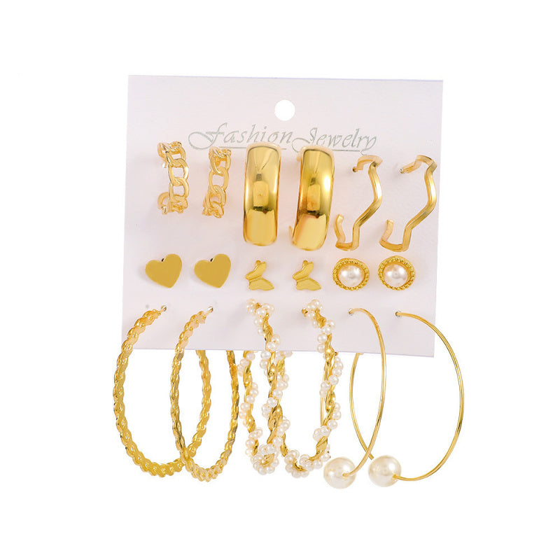 Exaggerated Faux Pearl Earrings 9-Piece Set Vintage Alloy Geometric Hoop Earrings Set Jewelry