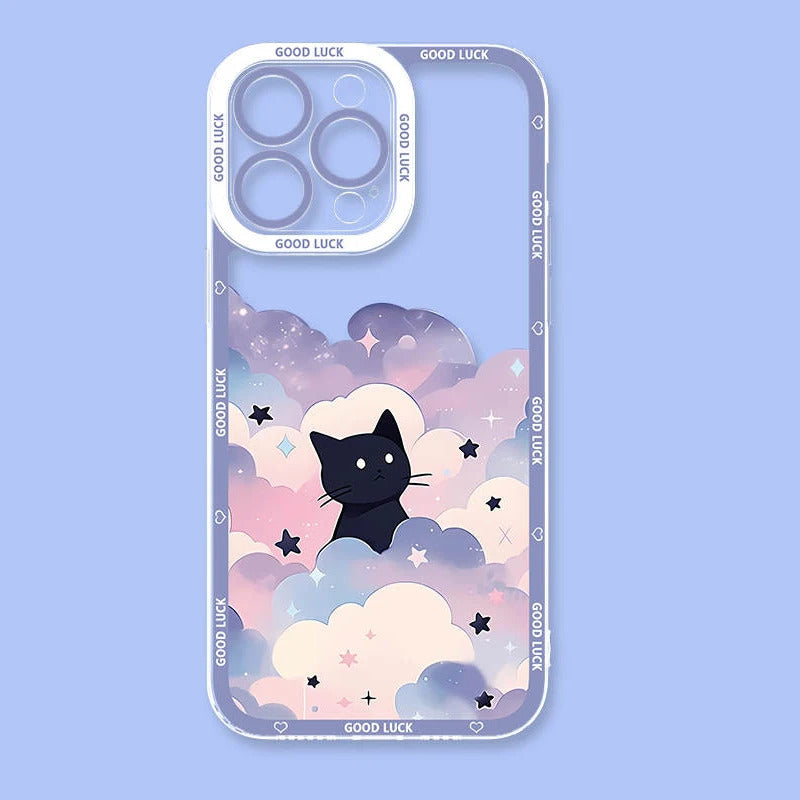 Cartoon Starry Sky Black Cat Clear Phone Case For Samsung Galaxy S24 S23 S22 Ultra S21 S20 FE Note 20 10 Plus A15 A25 A35 A55