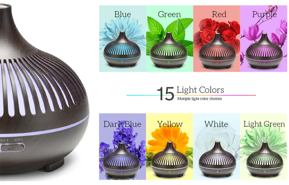 500ML Aromatherapy Essential Oil Diffuser Wood Grain Remote Control Ultrasonic Air Humidifier Cool with 7 Color LED Lights
