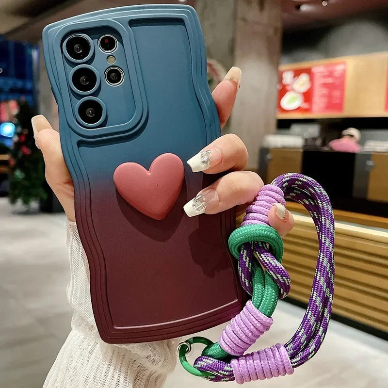 Love Heart Gradient Wrist Strap Case For Samsung Galaxy S25 Ultra S24 FE S23 S21 S20 S22 Plus Note 20 A55 A535 A25 A15 5G A05s