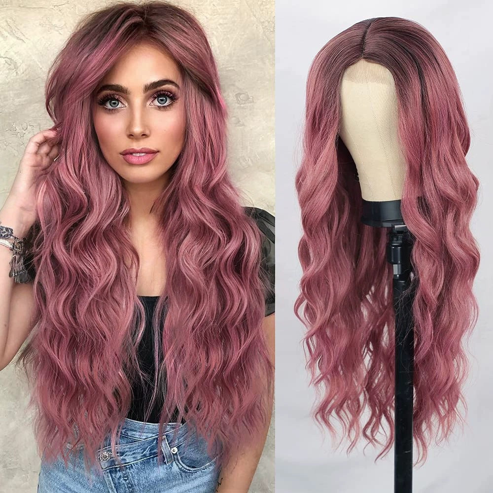 Xuchang European and American Style Wig for Women, Front Lace Wig, Middle Part, Small Lace, Highlighted Long Curly Hair, Synthetic Fiber Wig, Export Wigs